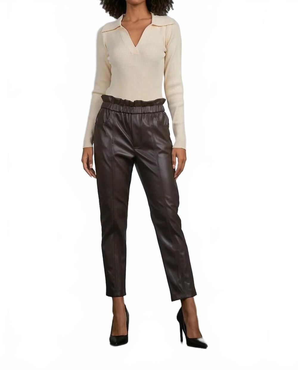 NEW ELAN ruffle elastic faux leather pants in mocha